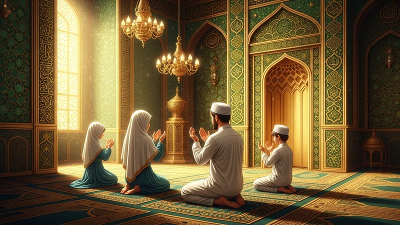 Namaz sonrası dua eden bir aile, samimi bir atmosfer içinde
