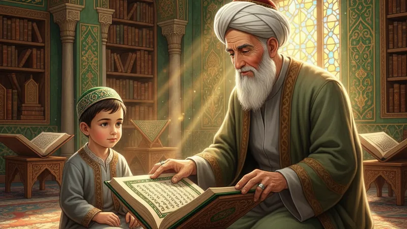 Namaz surelerini ezberleme yöntemleri için Kur'an okuyan bir çocuk ve yaşlı bir hocaefendi, İslami sanat tarzında, yeşil ve altın tonlarında