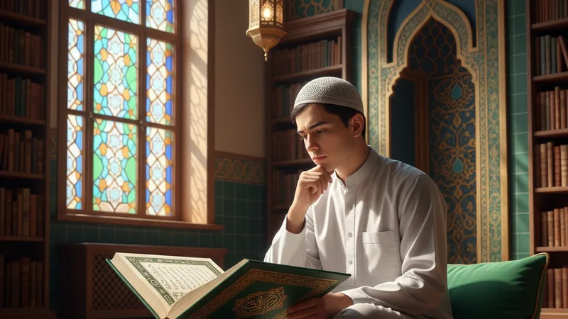 Namaz surelerini ezberleme yöntemleri için bir kütüphanede Kur'an-ı Kerim okuyan bir müslüman, İslami sanat ve aydınlık bir ortam