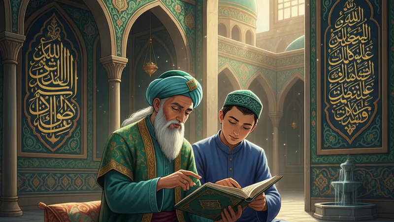 Namaz surelerini ezberleme yöntemleri hakkında sohbet eden iki Müslüman, cami avlusunda, İslami mimari detaylarla