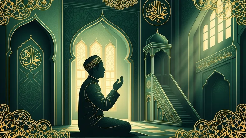 Namaz kılan bir müslüman silüeti, elleri dua ederken yukarı kalkmış, cami içinde