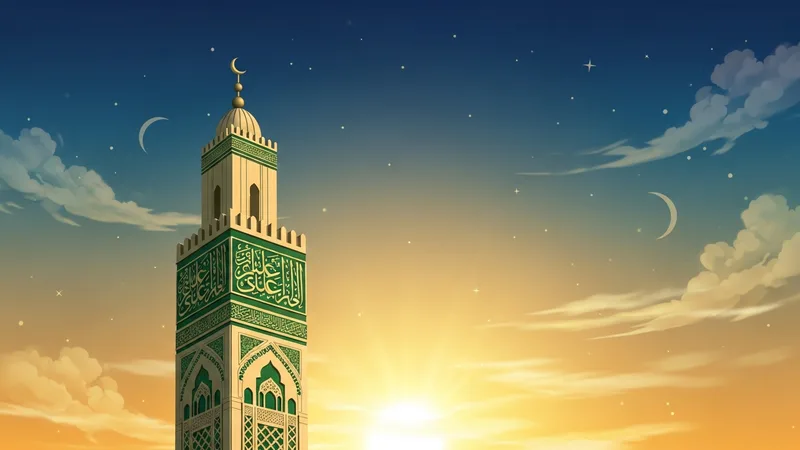 Namaz vakitlerini öğrenmek için cami minaresi ve gökyüzü resmi, İslami motiflerle süslenmiş