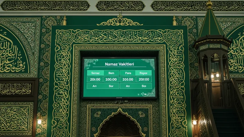Namaz vakitlerini gösteren dijital bir ekran, cami içinde, İslami hat sanatı ile çevrili