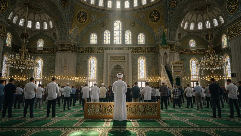 Camii içinde namaz kılan cemaat, imam önde dua ediyor. Yeşil ve altın renk tonları hakim.