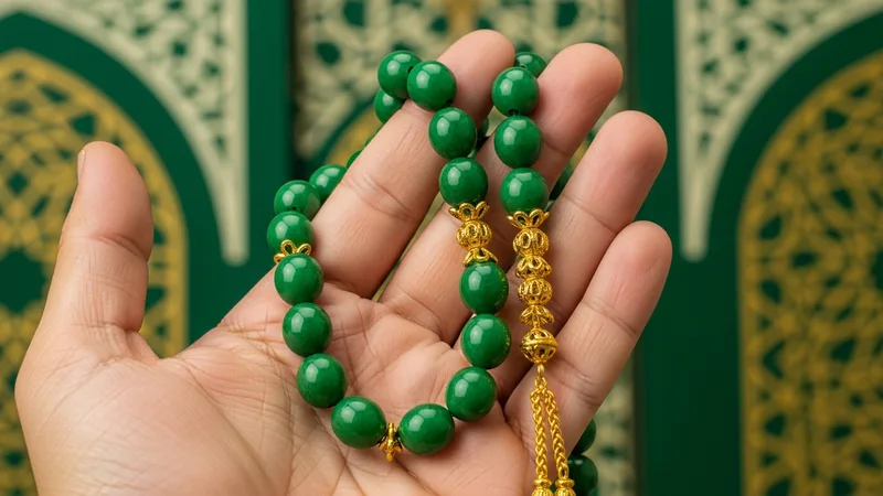 Namaz tesbihi çeken bir el, yeşil ve altın renk tonları hakim.