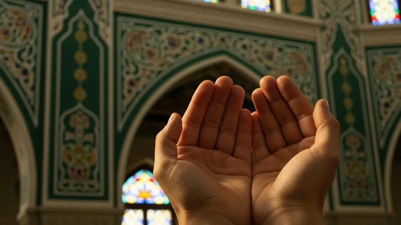 Namazda ellerini açmış dua eden bir kişi