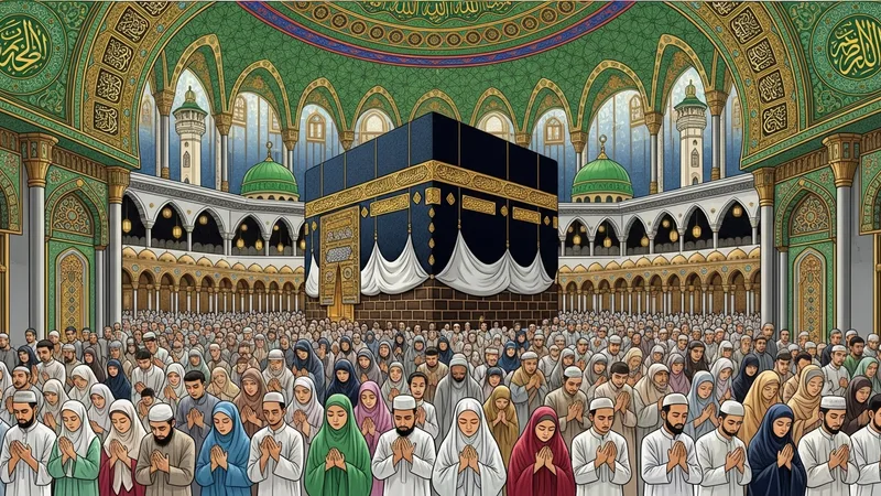 Mekke'de Kabe'ye yönelmiş namaz kılan insanlar