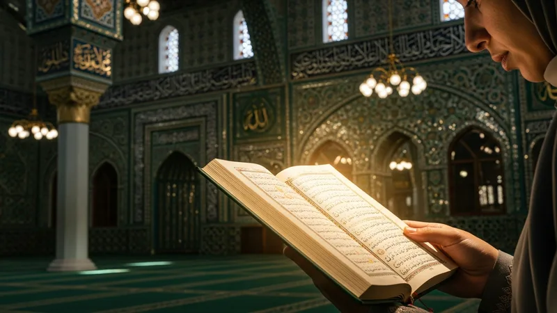 Cami içinde Kur'an okuyan bir kişi, huzur dolu bir atmosferde