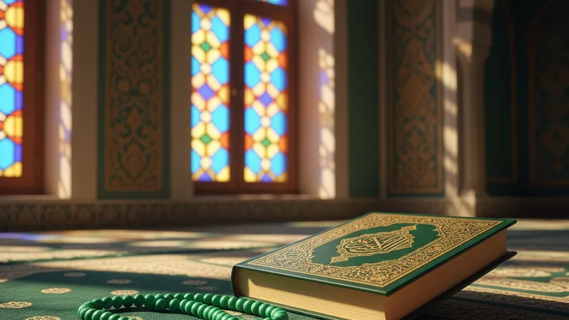 Namaz seccadesi üzerinde tesbih ve Kur'an-ı Kerim, huzurlu bir ortam