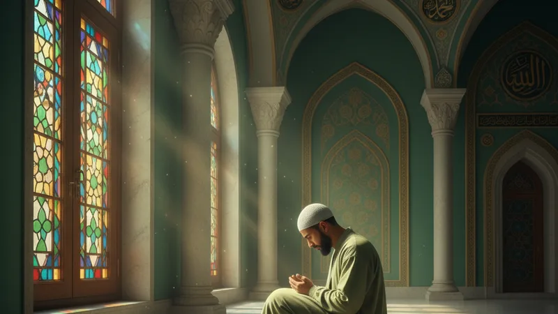 Namaz kılan bir müslüman, huşu içinde dua ederken, arkasında cami minberinden sızan ışık huzmeleri. Islamic art style, soft green and gold tones.