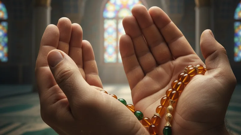 Bir müslüman camide namaz kılarken, arkadan gelen ışıkla silueti belirginleşiyor. Islamic geometric patterns ve sıcak renkler. Serene and spiritual atmosphere.