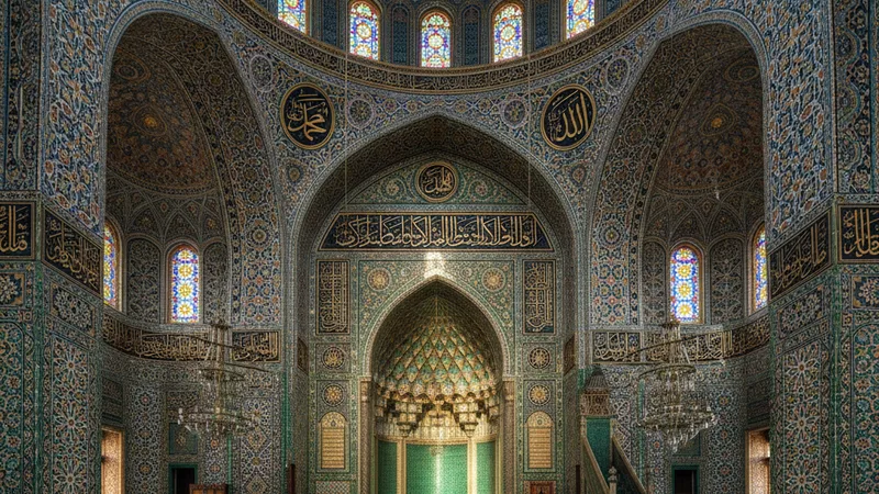 Bir caminin içindeki detaylı Islamic art motifleri, huzurlu ve sakin bir atmosfer. Yeşil, altın ve mavi tonlarındaki desenler.