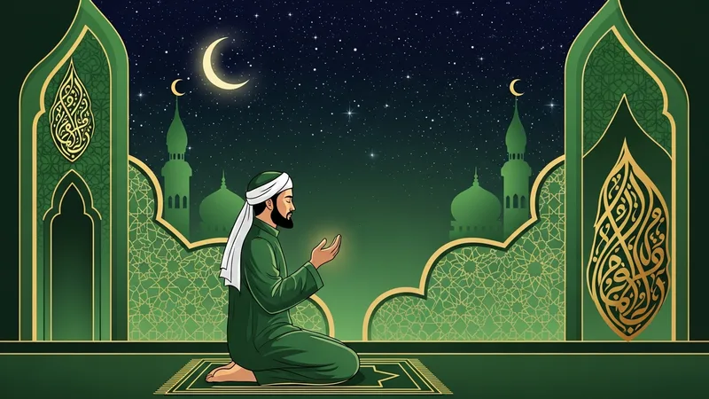 Namaz kılan bir Müslüman'ın silüeti, huzurlu bir atmosferde