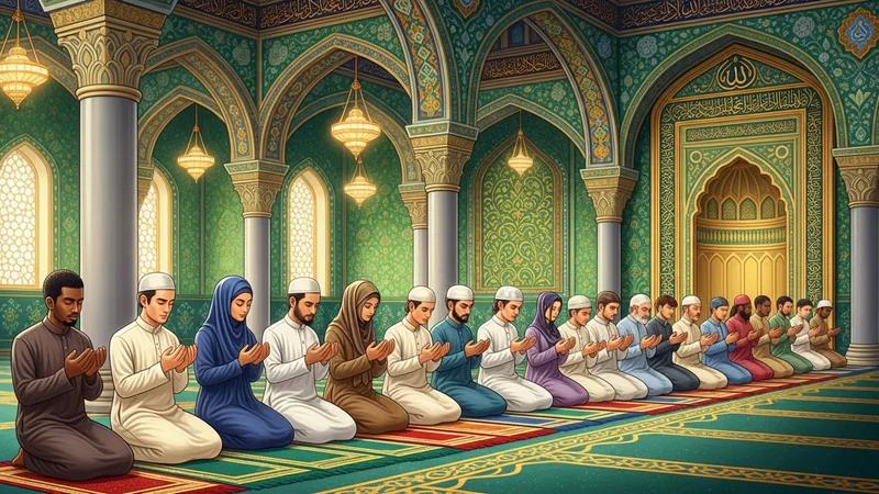 Cami içinde namaz kılan cemaat, birlik ve beraberlik içinde