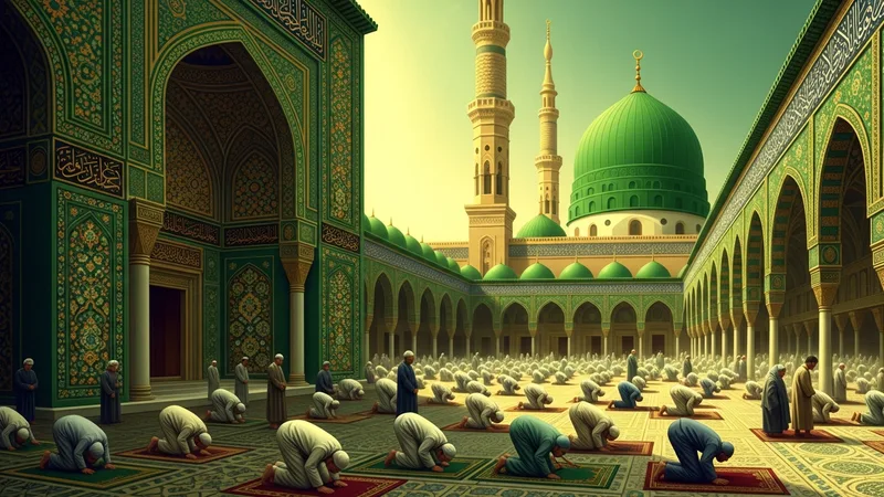 Cami avlusunda dua eden insanlar, minare ve kubbe detayı