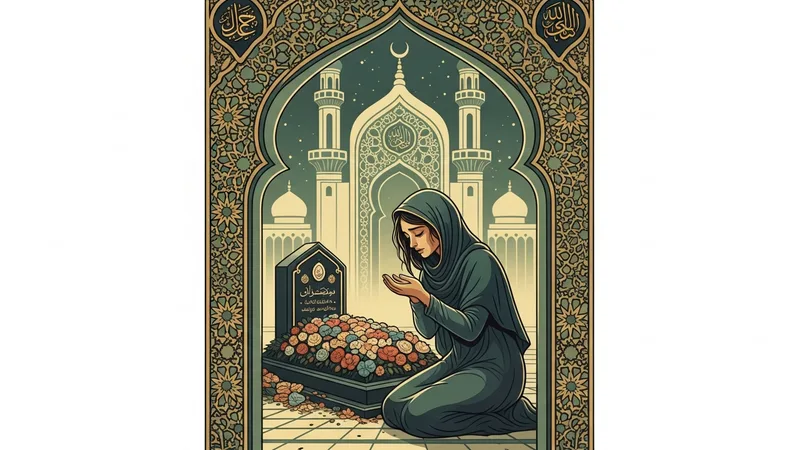 Kabir başında dua eden bir kadın, hüzünlü bir ifadeyle