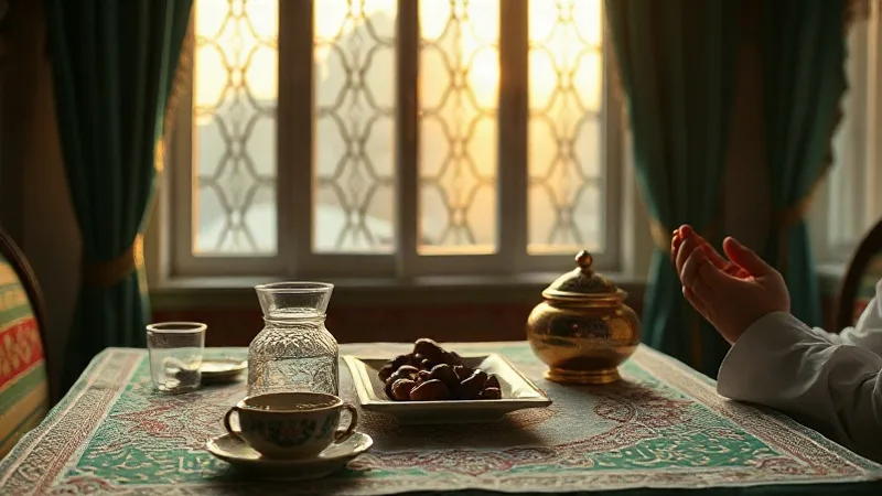 Sahur vaktinde oruç niyeti için dua eden aile sofrası