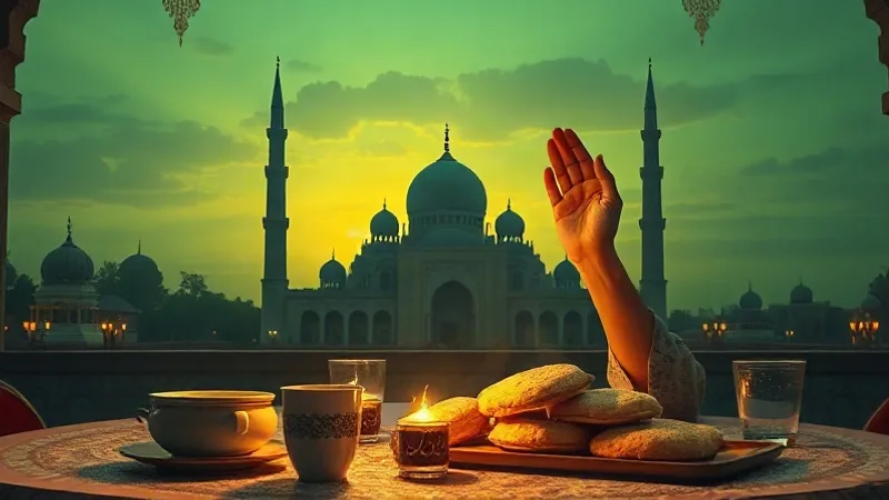 İftar sofrasında iftar duası için ellerini açan insanlar