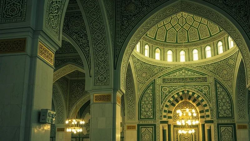 Yeşil ve altın renklerde İslamî motiflerle süslenmiş bir cami