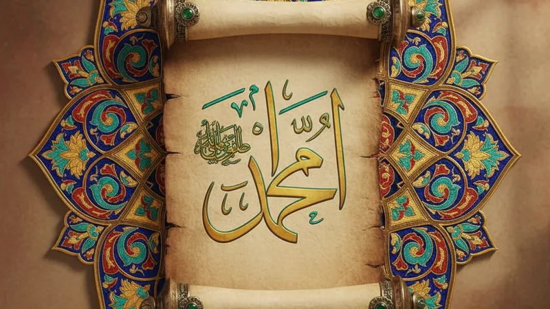 Detailed Islamic calligraphy of 'Bismillah Ar-Rahman Ar-Rahim' on an ornate scroll, surrounded by geometric patterns and floral motifs, in a rich color palette of blues, reds, and gold.