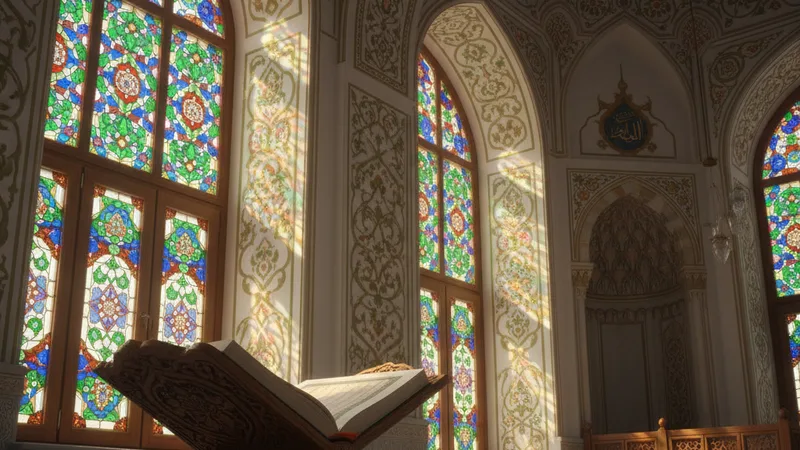 A serene mosque interior with soft light streaming through stained glass windows, illuminating intricate Islamic geometric patterns on the walls and a Quran stand in the foreground. The atmosphere is peaceful and conducive to reflection.