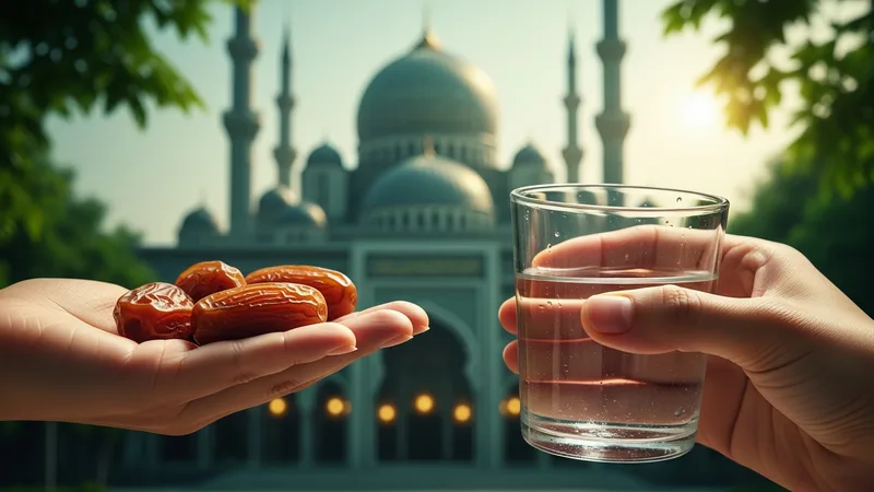 Ramazan ayında hurma ve su ile iftar açan bir kişi