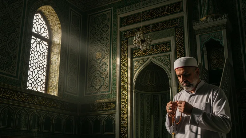 Tesbih çeken bir Müslüman, huzurlu bir ifadeyle