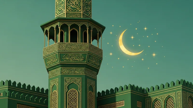 Yeşil ve altın renklerinde cami minaresi çizimi, İslam sanatı