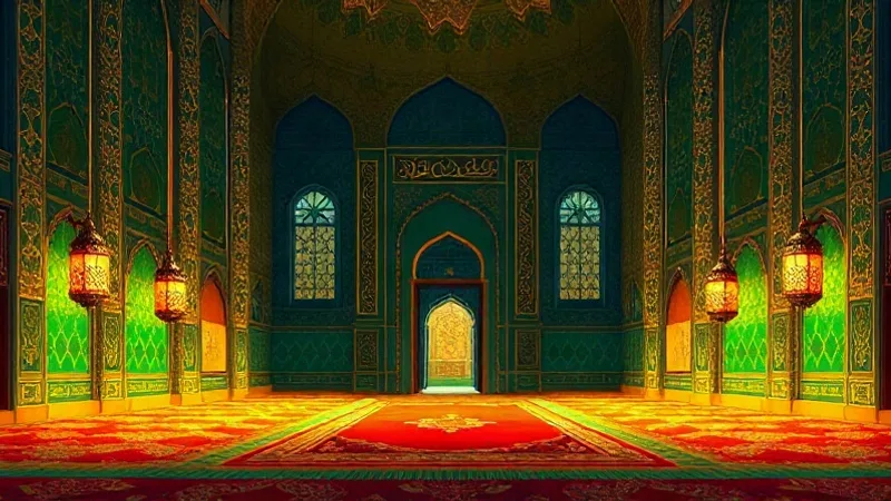 Regaib Gecesi namazı kılınışı, cami iç mekanı, yeşil ve altın temalı İslami sanat