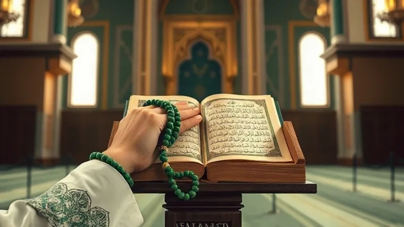 Tesbih çeken eller ve rahle üzerinde açık Kur'an, yeşil ve altın temalı İslami sanat