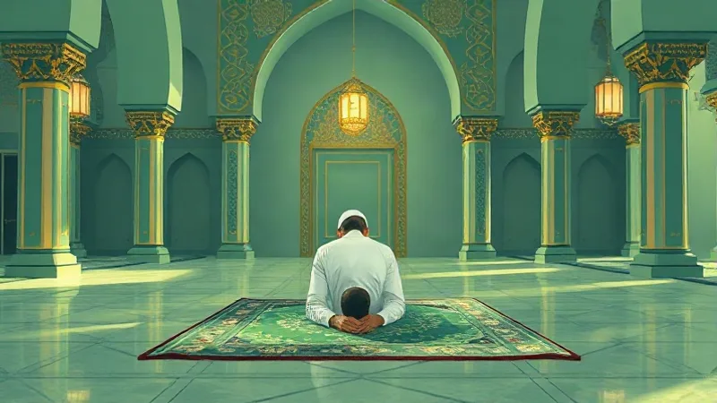 Secde halinde namaz kılan kişi, cami iç mekanı arka planda, yeşil ve altın tonları, İslami sanat