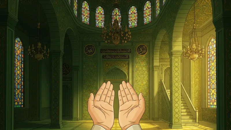 Regaip Kandili'nde dua eden eller, İslam motifleriyle süslenmiş bir cami içinde