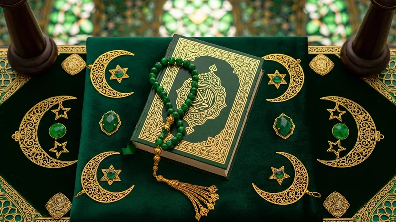 Yeşil ve altın renk tonlarında, İslam sanatıyla tasvir edilmiş bir tesbih ve Kuran-ı Kerim