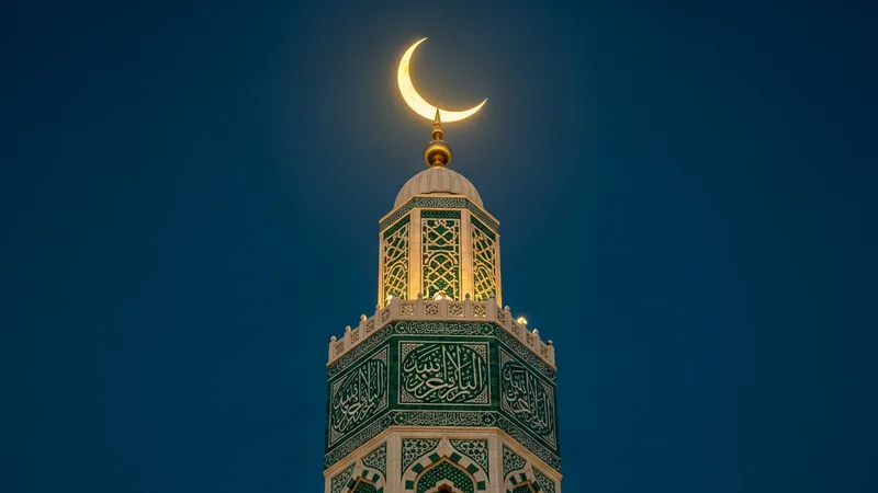 Bir caminin minaresi ve hilal, altın rengiyle parlıyor, İslam sanatı detaylarıyla süslenmiş
