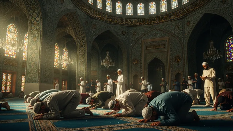 Namaz kılarken huşu içinde rükû ve secde eden bir cemaat.