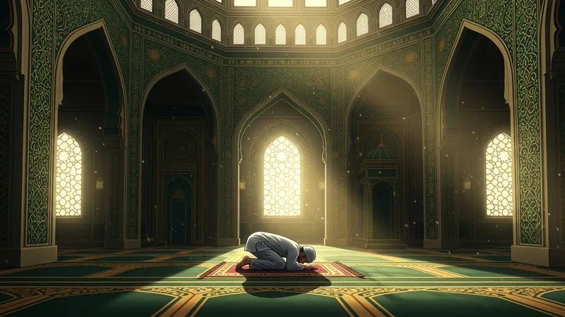 Sabah namazı kılan bir mümin silüeti, cami içinde secde halinde