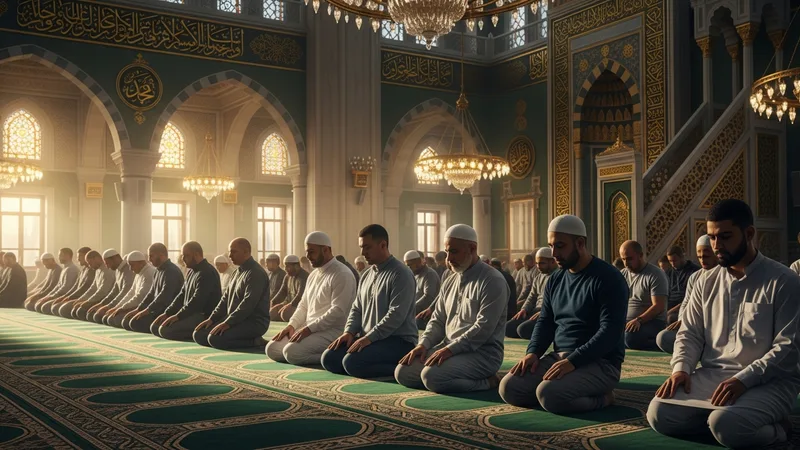 Cami içinde sabah namazı kılan cemaat, huzur içinde secde eden insanlar