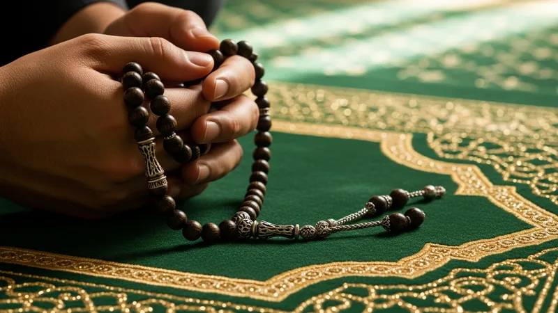 Seccade üzerinde tesbih çeken eller, sabah namazı sonrası dua eden müslüman