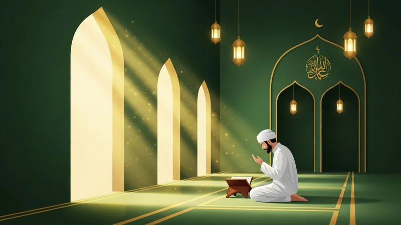 Şaban ayında ibadet eden bir Müslüman illüstrasyonu, altın ve yeşil tonlarda