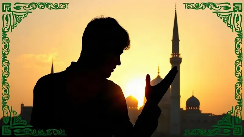 Saffat Suresi fazileti ve korunma duaları için dua eden kişi ve cami silueti