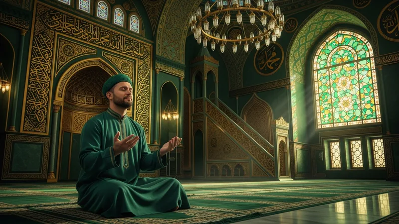 Yeşil ve altın renklerinde, Osmanlı tarzı bir cami içinde salavat çeken bir adamın görseli
