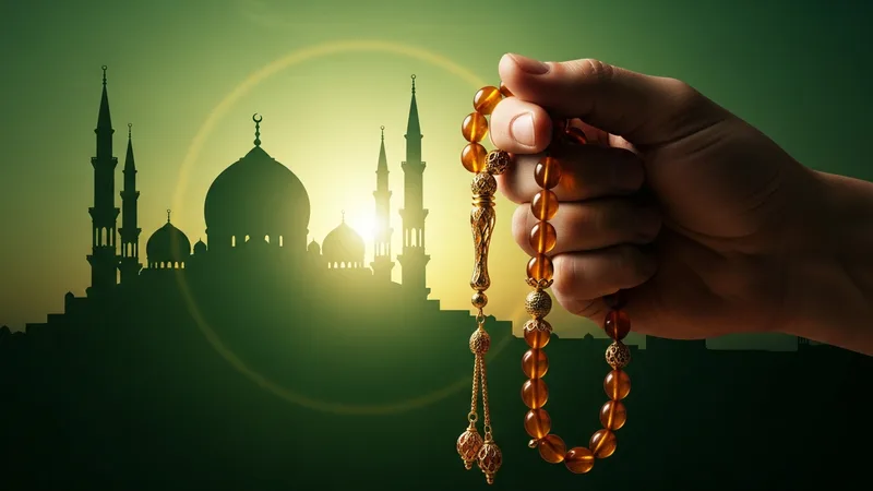 Bir elin tesbih çektiği, arka planda cami silüeti olan bir görsel