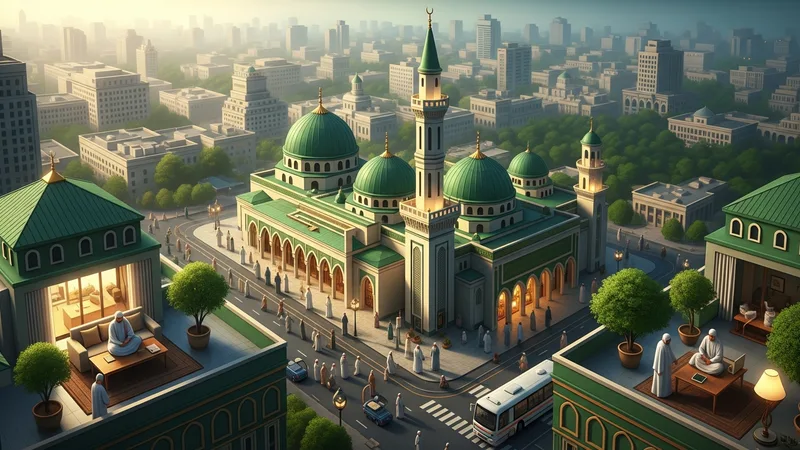 Kadınlar ve erkekler, cami içinde salavat getirirken, huzurlu bir İslami mimari atmosfer