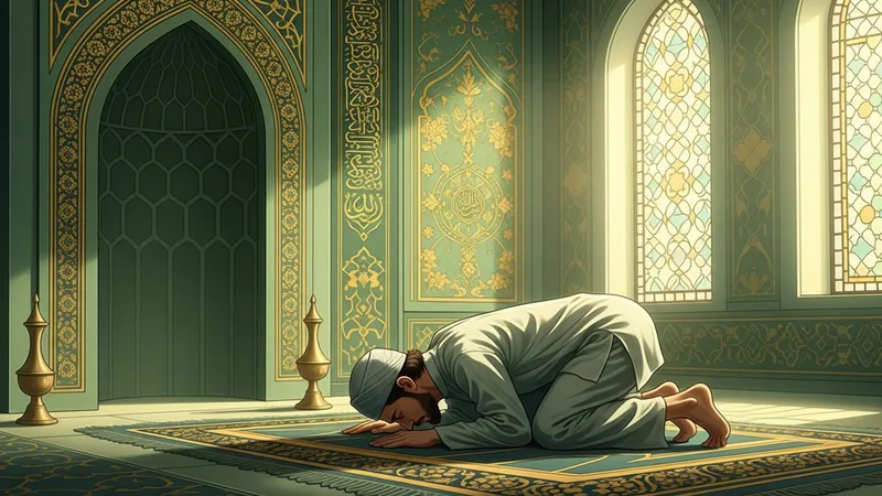 Namaz kılan bir Müslüman, sehiv secdesi yaparken, huşu içinde, İslami sanat tarzında, yeşil ve altın tonlarında bir cami fonunda