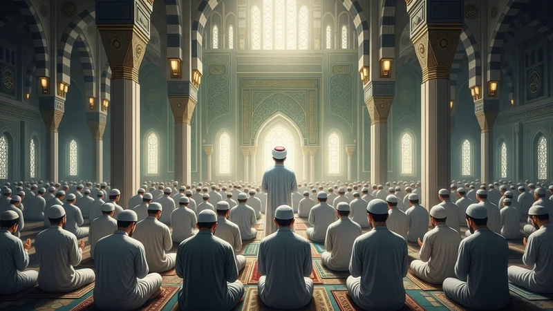 Bir grup Müslüman, cemaatle namaz kılarken, imamın önderliğinde sehiv secdesi yapmaya hazırlanıyor, geleneksel İslami mimari detaylarıyla süslenmiş bir cami içinde, sakin bir atmosferde