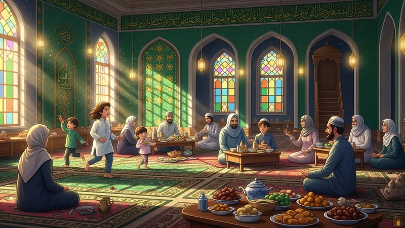 Cami içinde oruç açan insanlar, iftar sofrası