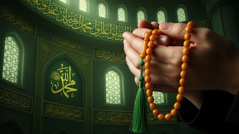 Tesbih çeken eller, yeşil tonlarda islami motifler