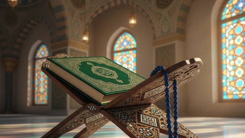 İslami motiflerle süslenmiş bir kitap ve tesbih