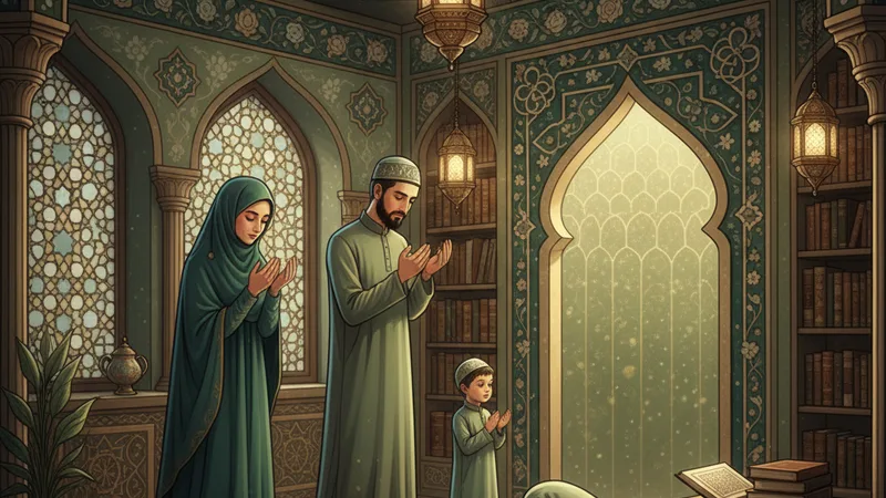 Huzurlu bir ortamda namaz kılan bir aile
