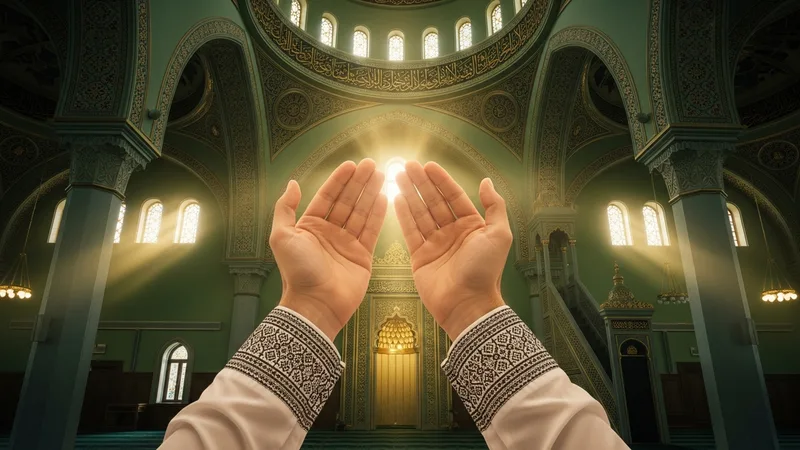 Camide dua eden eller, altın rengi detaylarla süslenmiş